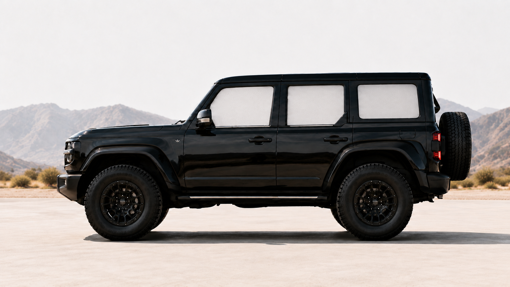 The same G-Class with its side windows switched to the unpowered, tinted state