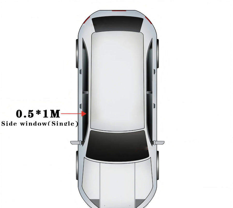 Top view of a car showing that one 0.5 by 1 metre sheet covers a single side window