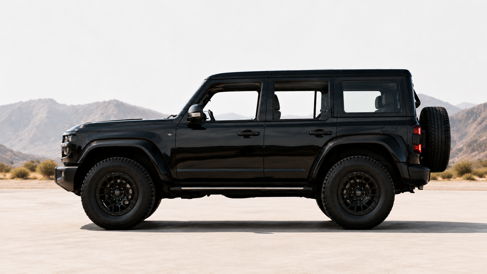 A G-Class with its side windows in the clear, powered-on state